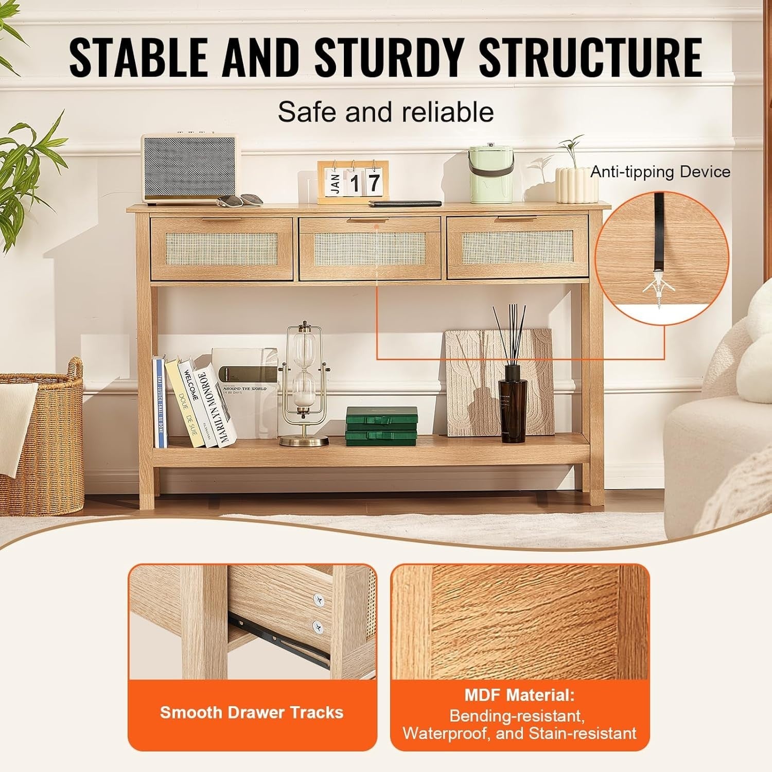 Natural Rattan Console Table with 3 Drawers – Spacious Entryway Storage