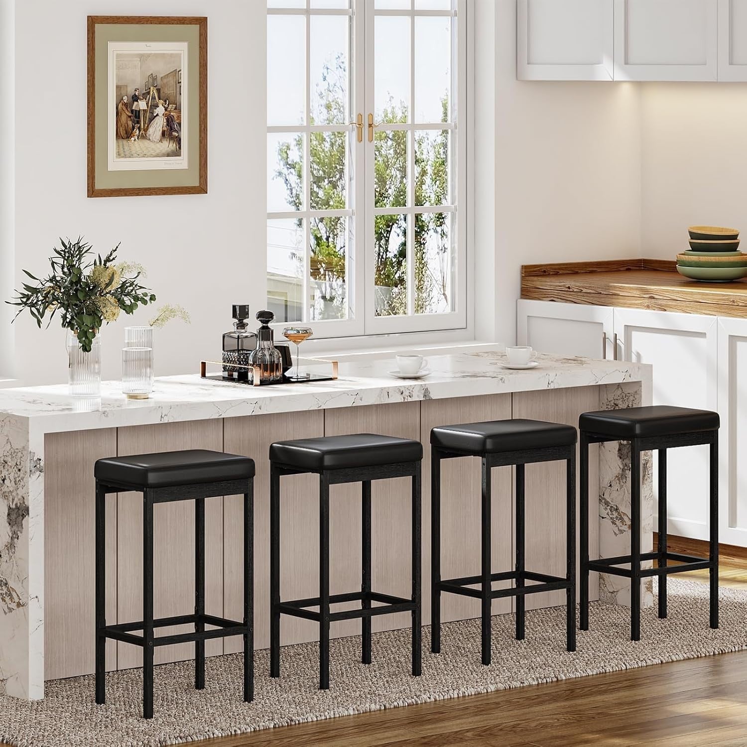 Black PU Leather Bar Stool Set 2 – 63cm High Kitchen & Breakfast Chairs