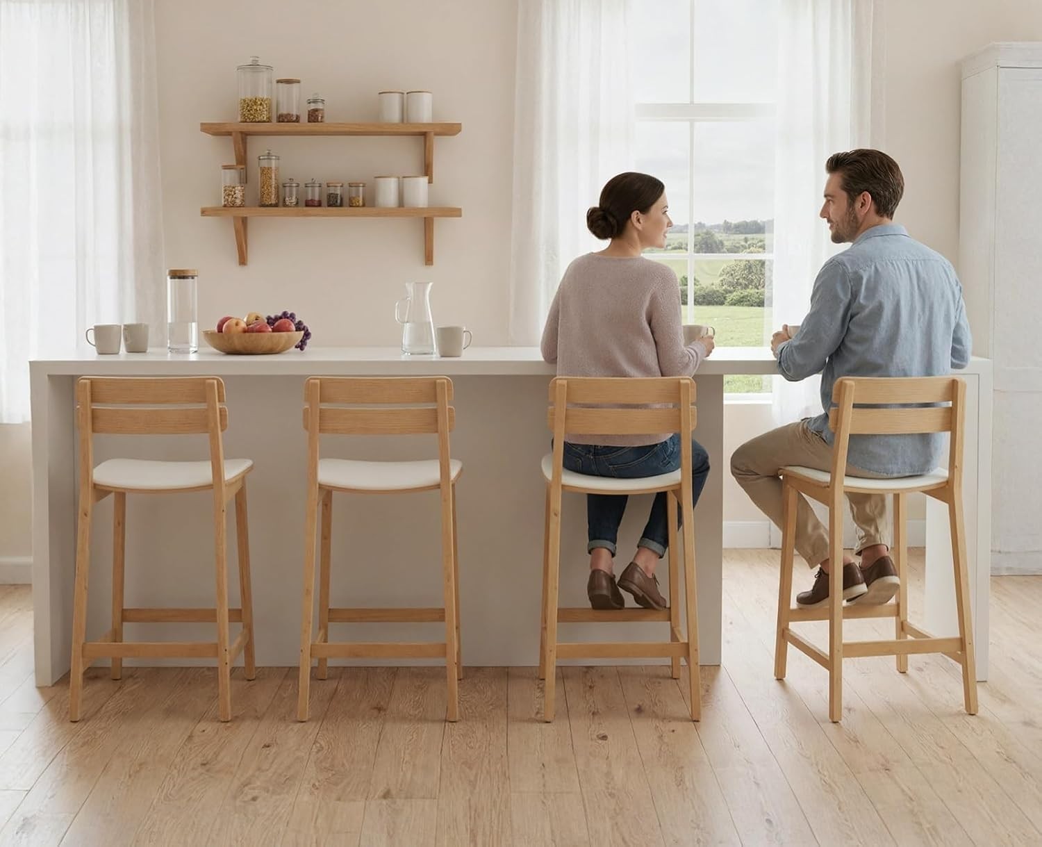 Wood Bar Stools Set of 2 Beige PU Leather Farmhouse Counter Chairs