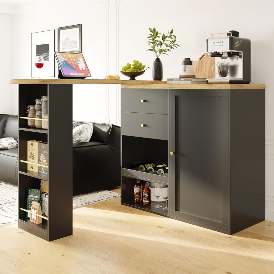 360° Swivel Bar Table with Shelves Drawers Sliding Door Black Modern Storage