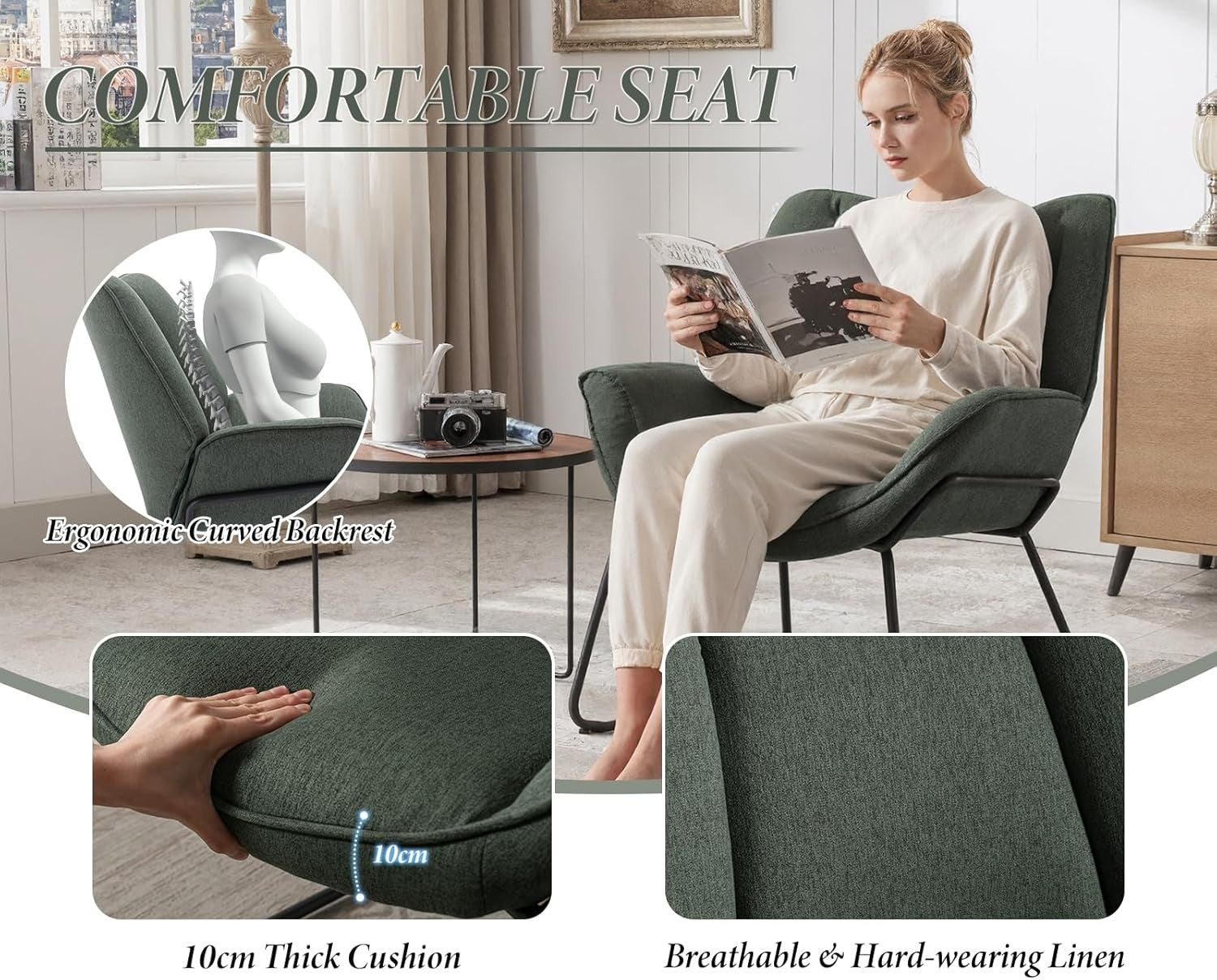 Green Linen Accent Tub Chair Metal Legs Modern Armchair