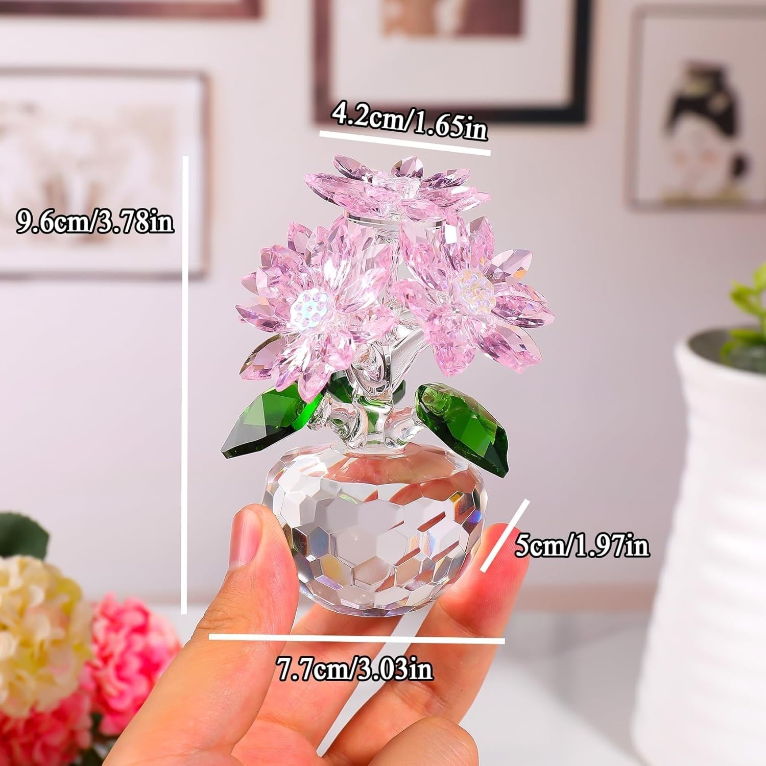 Pink Crystal Daisy Bouquet Ornament Collectible Flower Gift 10cm Paperweight