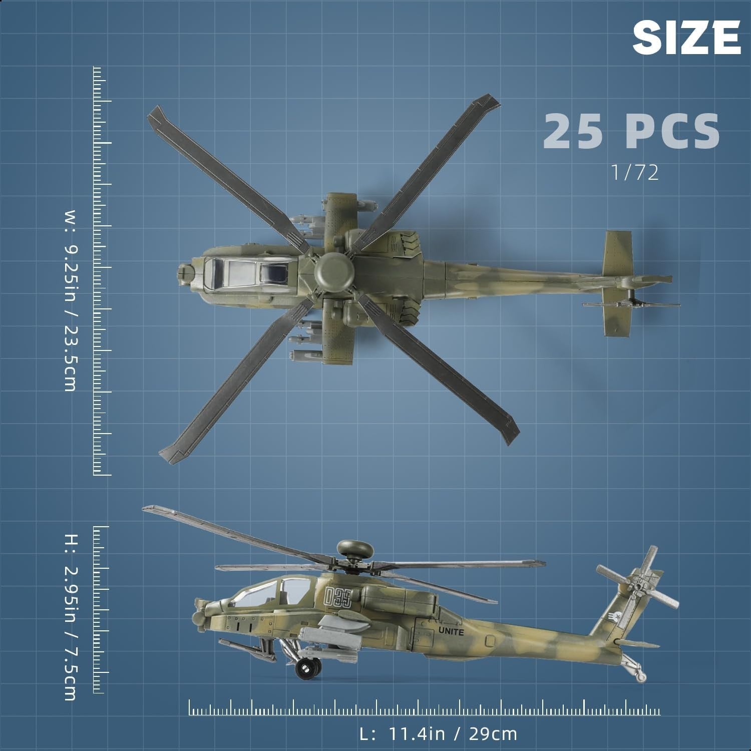 1:72 Scale AH-64 Apache Army Helicopter Model Kit | Military Toy Assembly Set