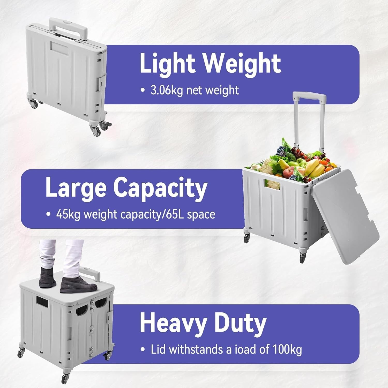 65L Foldable Shopping Trolley 4 Wheel Storage Cart with Lid Grey