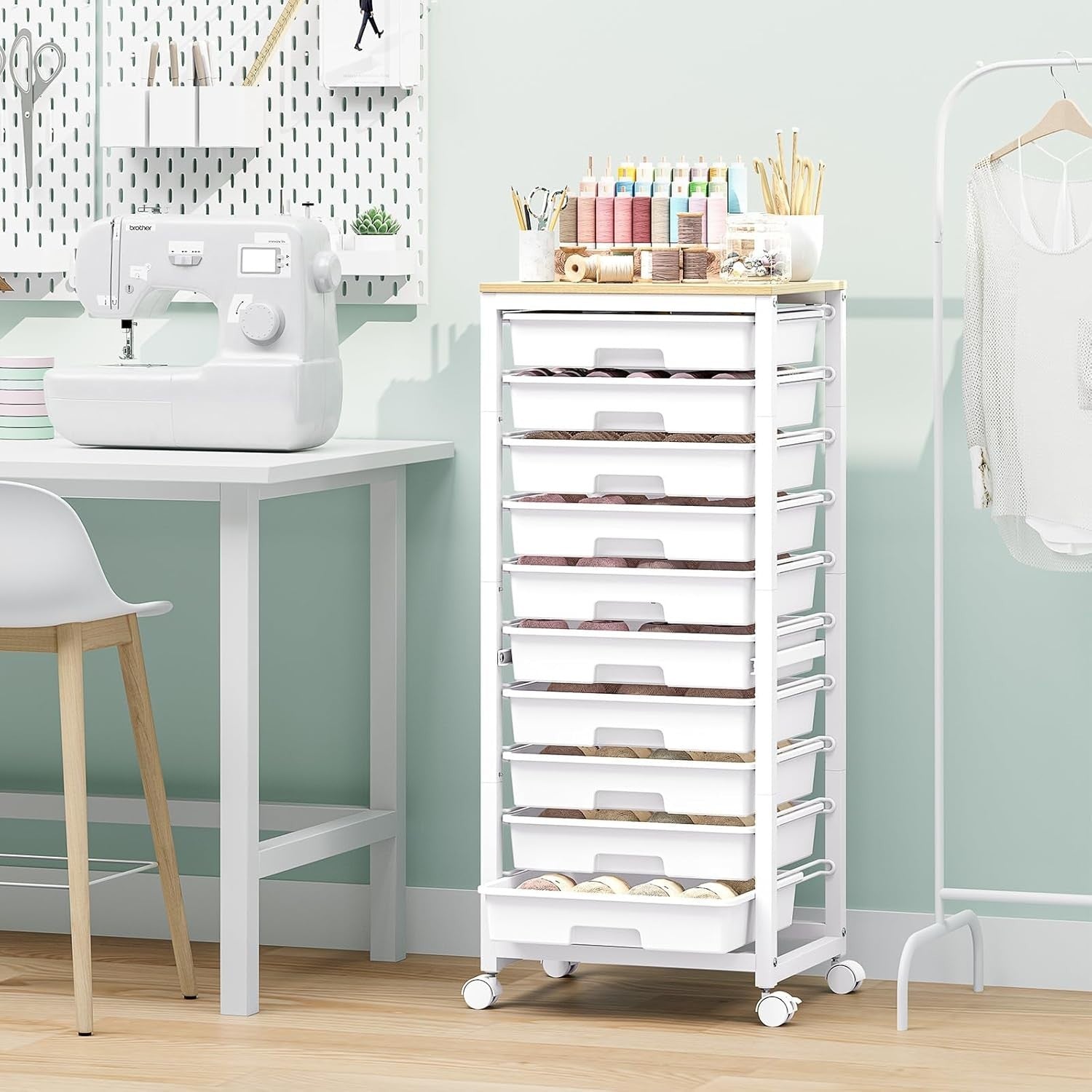 White 10 Drawer Rolling Storage Trolley Craft Organizer with Wooden Top