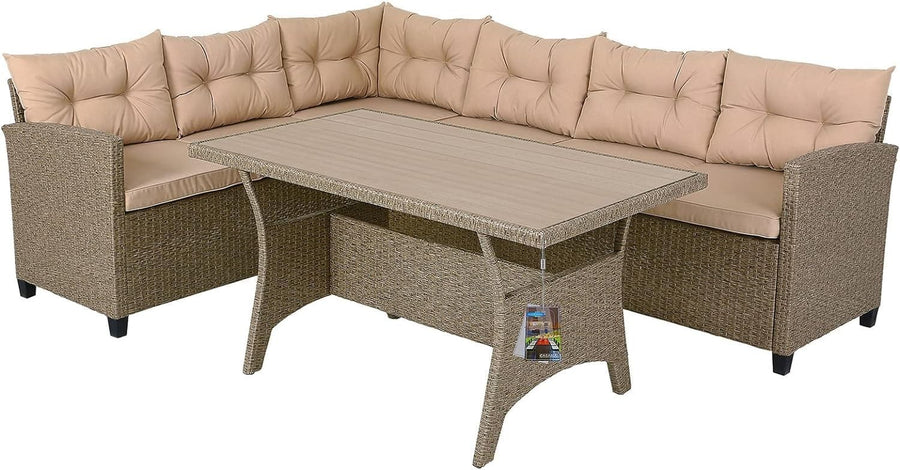 Outdoor Rattan Garden Corner Sofa Set with Cushions & WPC Table, Seats 6+