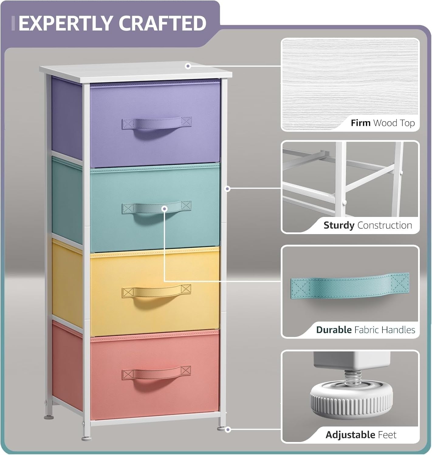 Kids 4-Drawer Storage Dresser Nightstand Fabric Chest w/ Wood Top Pastel Colours