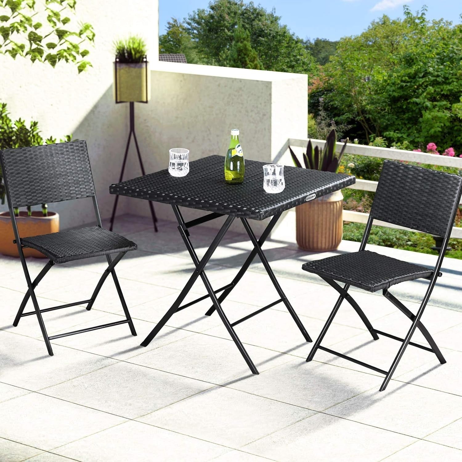 Folding Rattan Bistro Set 3 Piece Weatherproof Patio Balcony Table Chairs