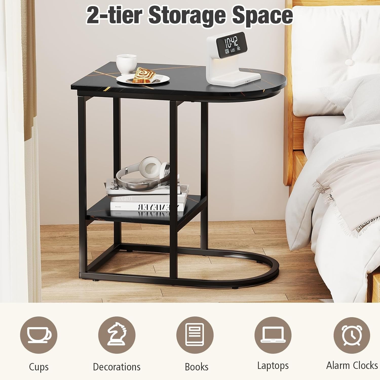 Modern C-Shaped Side Table with Faux Marble Top & Storage Shelf – Slim Overbed S