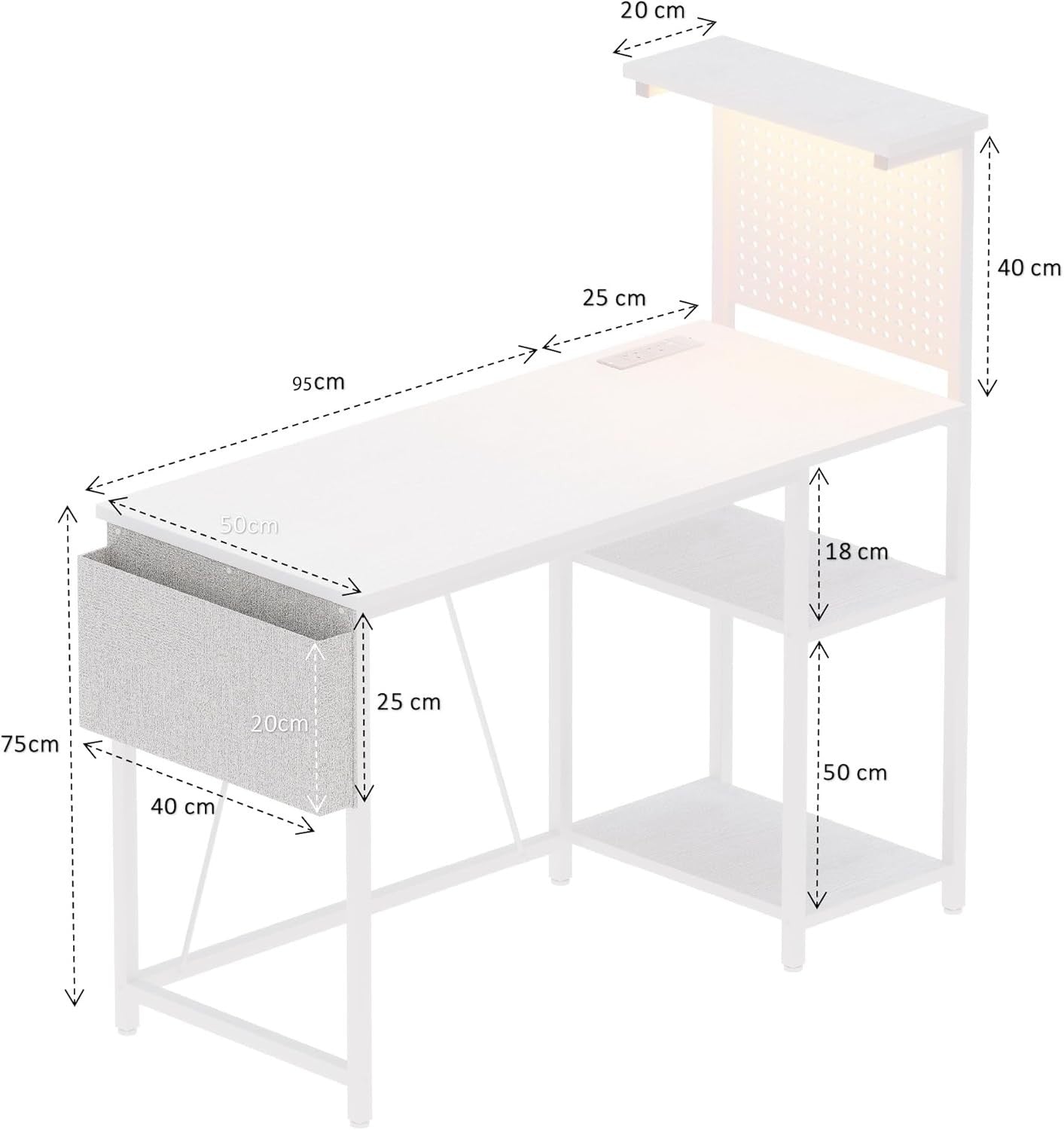 White Gaming Desk 120x50cm w/RGB Lights, Power Hub & Reversible Shelf