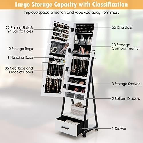 Floor Standing Jewelry Armoire Mirror Lockable Storage Cabinet with Wheels