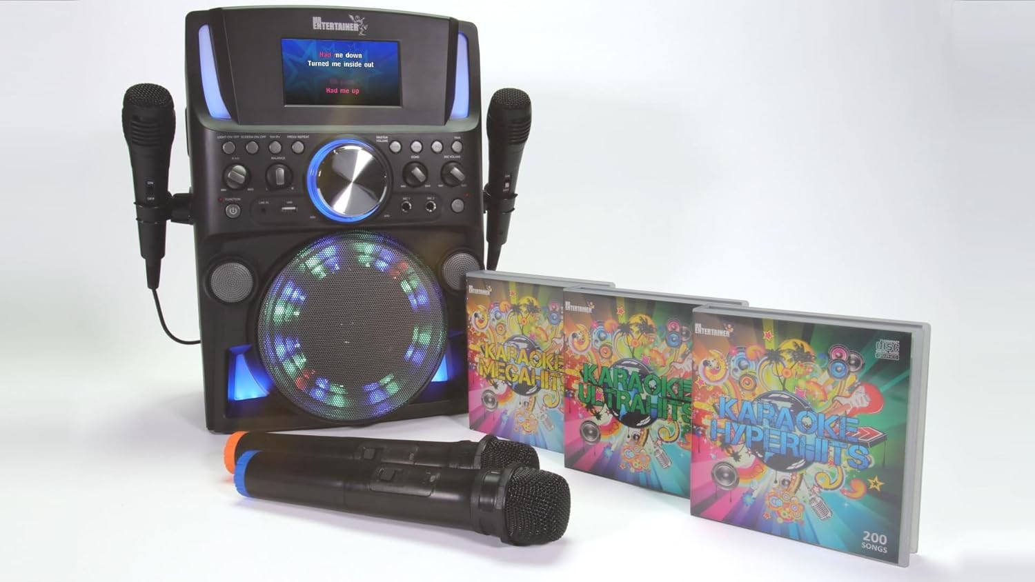 Bluetooth CDG Karaoke Machine Screen Disco Lights 2 Wireless Mics