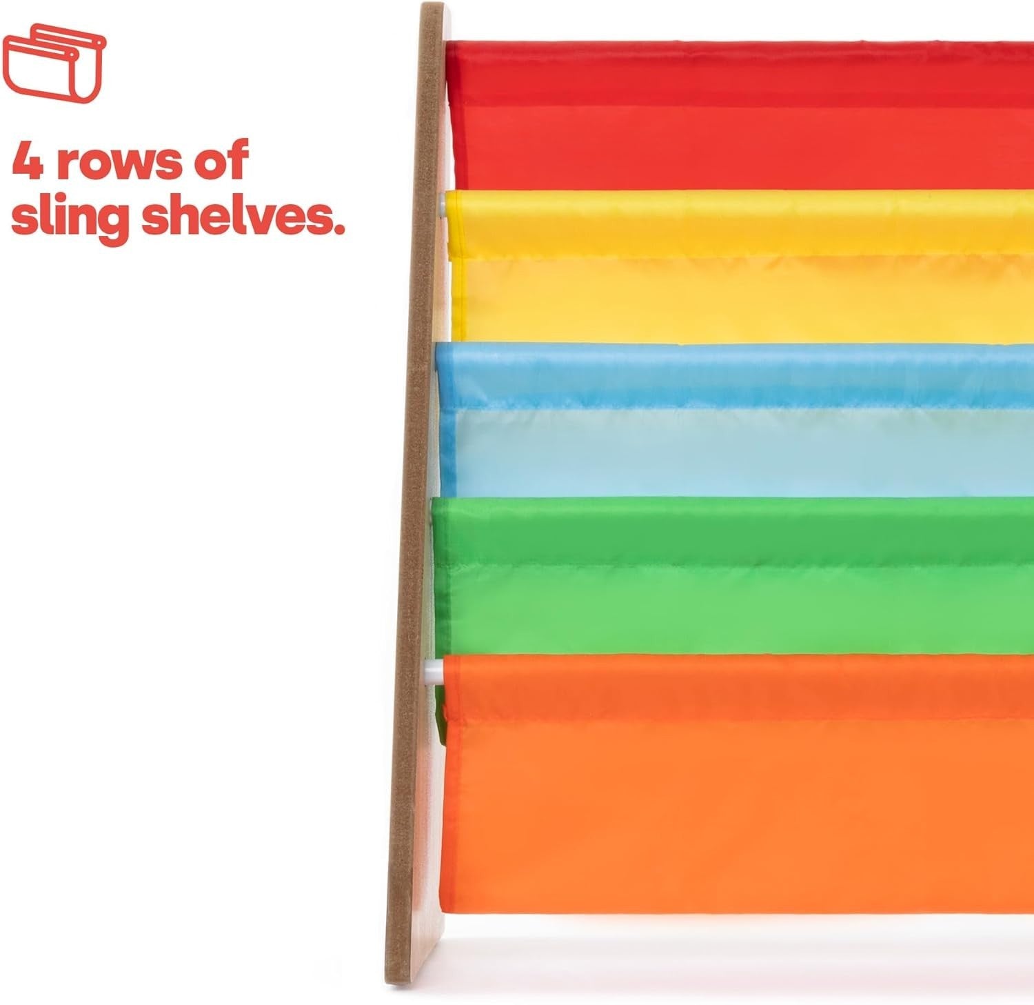 Kids Wooden Sling Book Rack – 4-Tier Colourful Fabric Bookshelf Storage