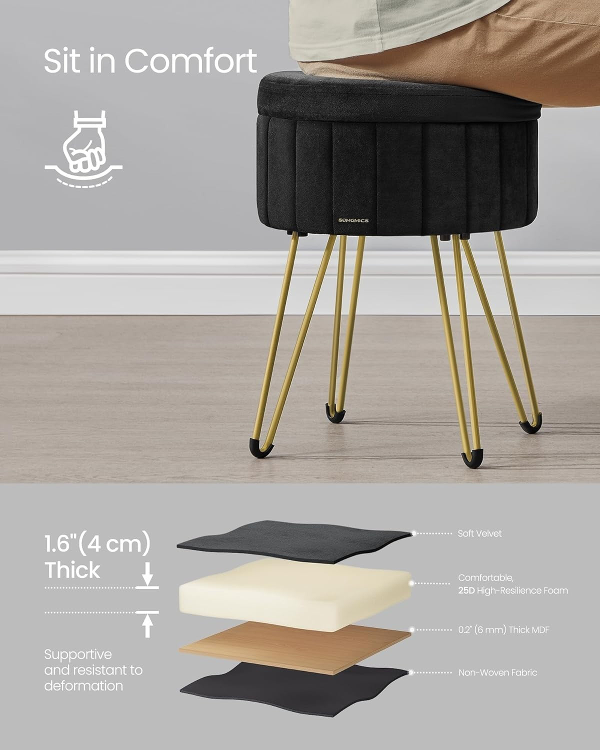 Ink Black Velvet Storage Ottoman Round Stool Dressing Table Seat 39cm