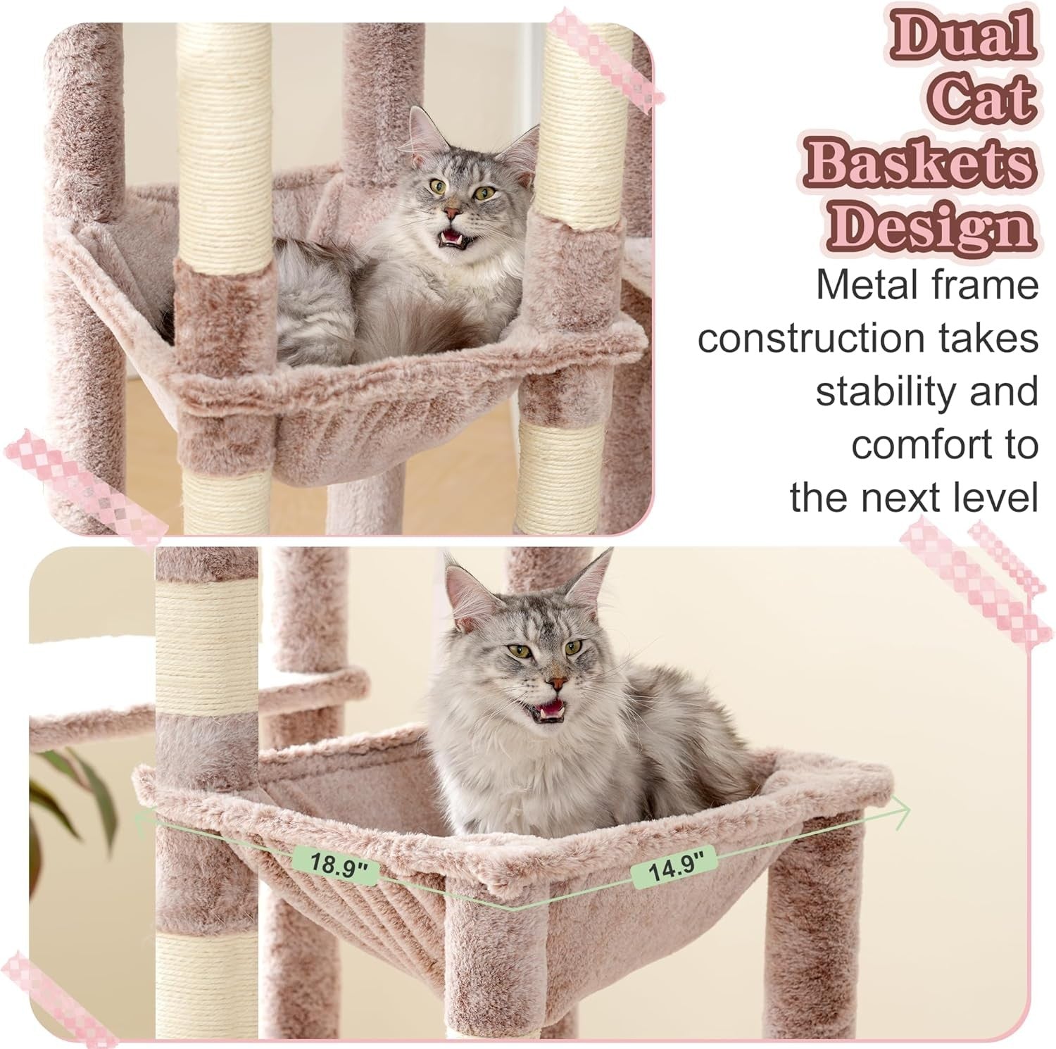 71 Inch Tall Cat Tree Mushroom Beige Large Cats Condo Tower with Hammocks
