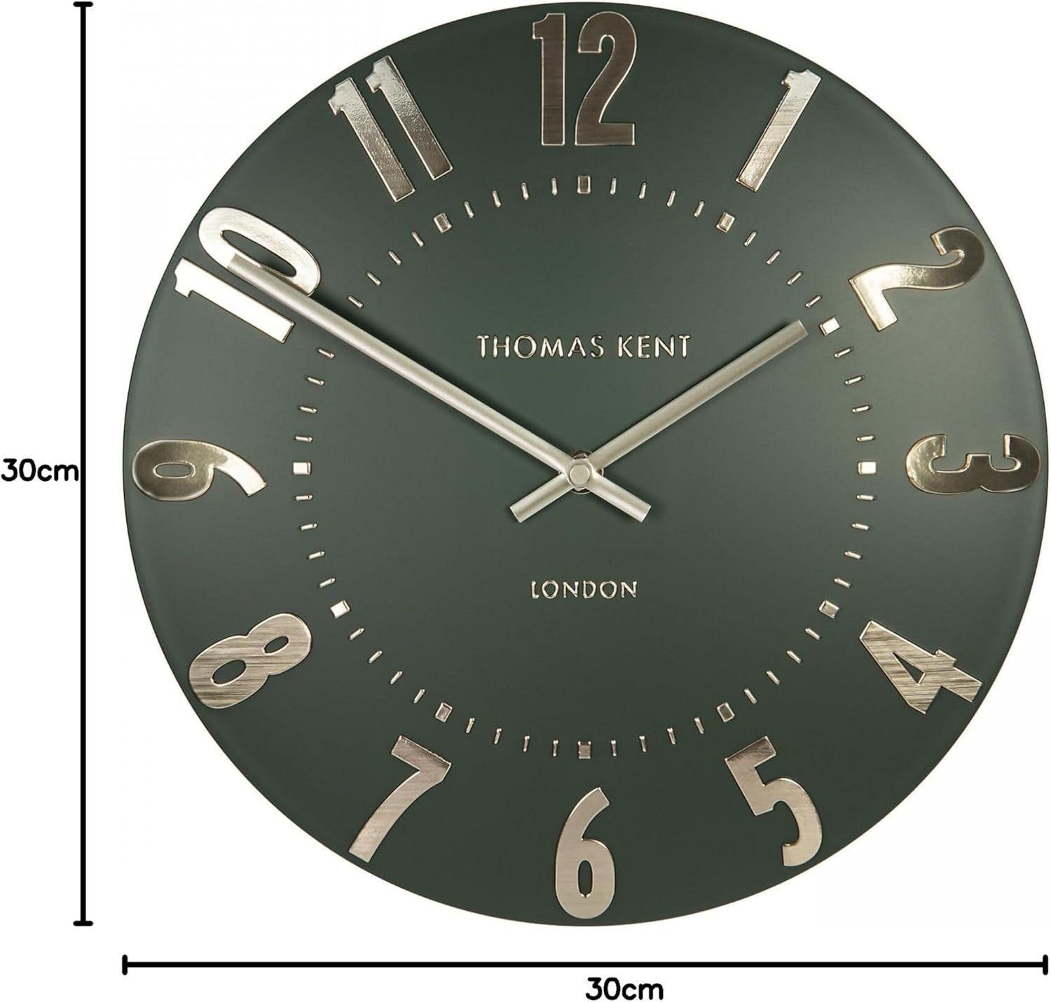 Silent Olive Green Wall Clock 12” Modern Metallic Numerals Luxury Decor