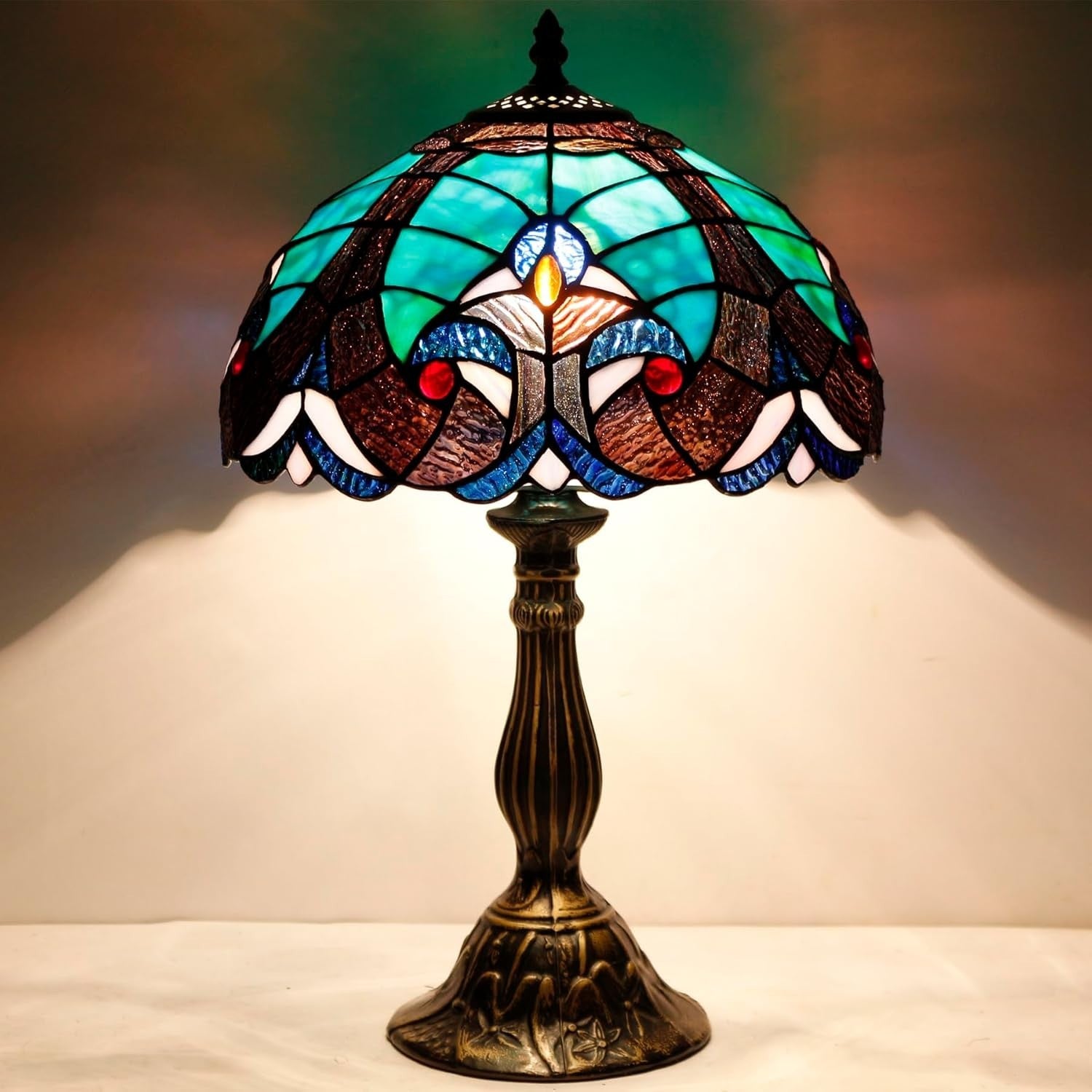 Tiffany Table Lamp 12x12x18in Stained Glass Bronze Base Bedside Decor