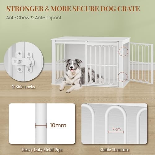 HEXCELEN Wooden Dog Crate White – Small/Medium Indoor Pet Cage & Side Table