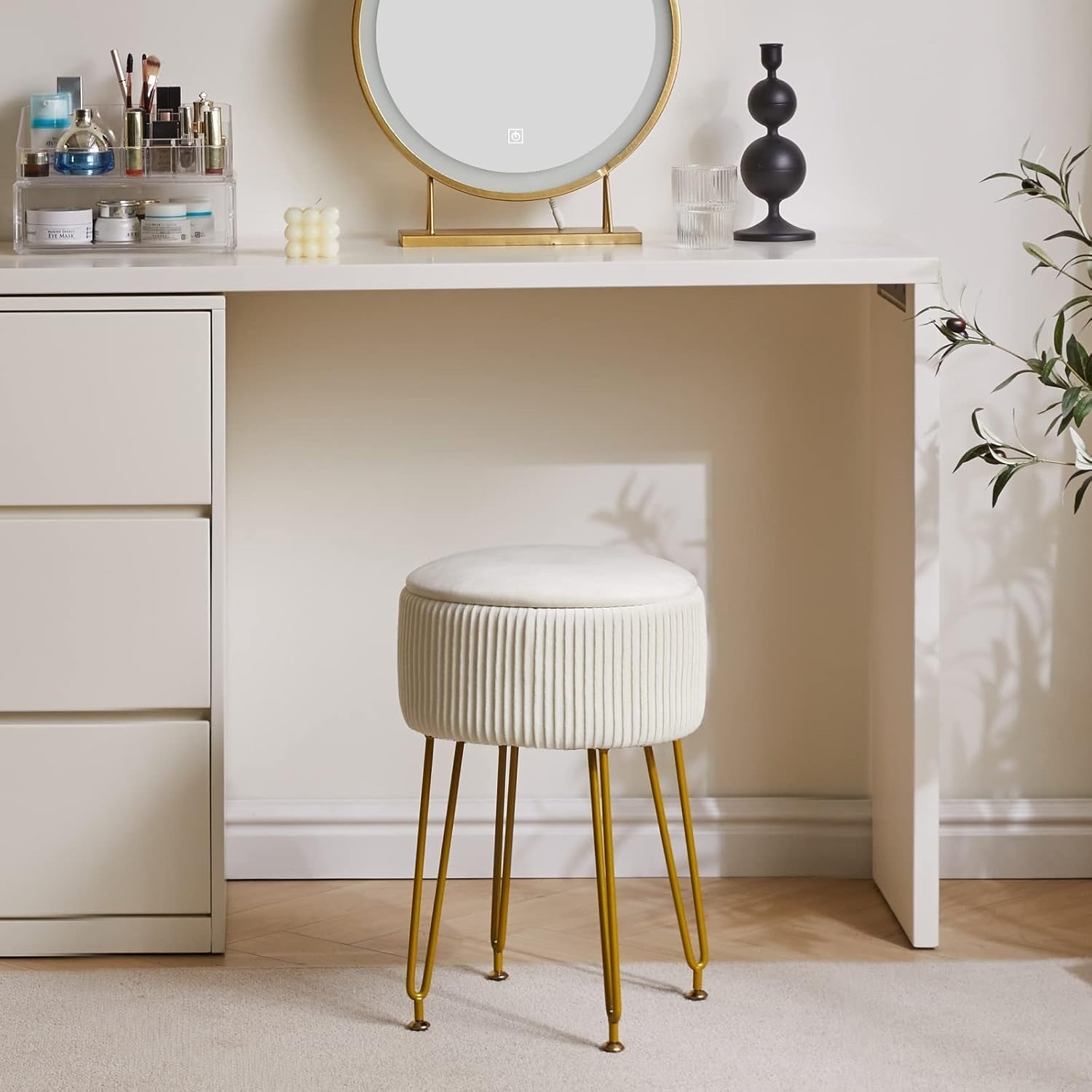Velvet Round Storage Footrest Stool with Gold Legs – Creamy White Ottoman