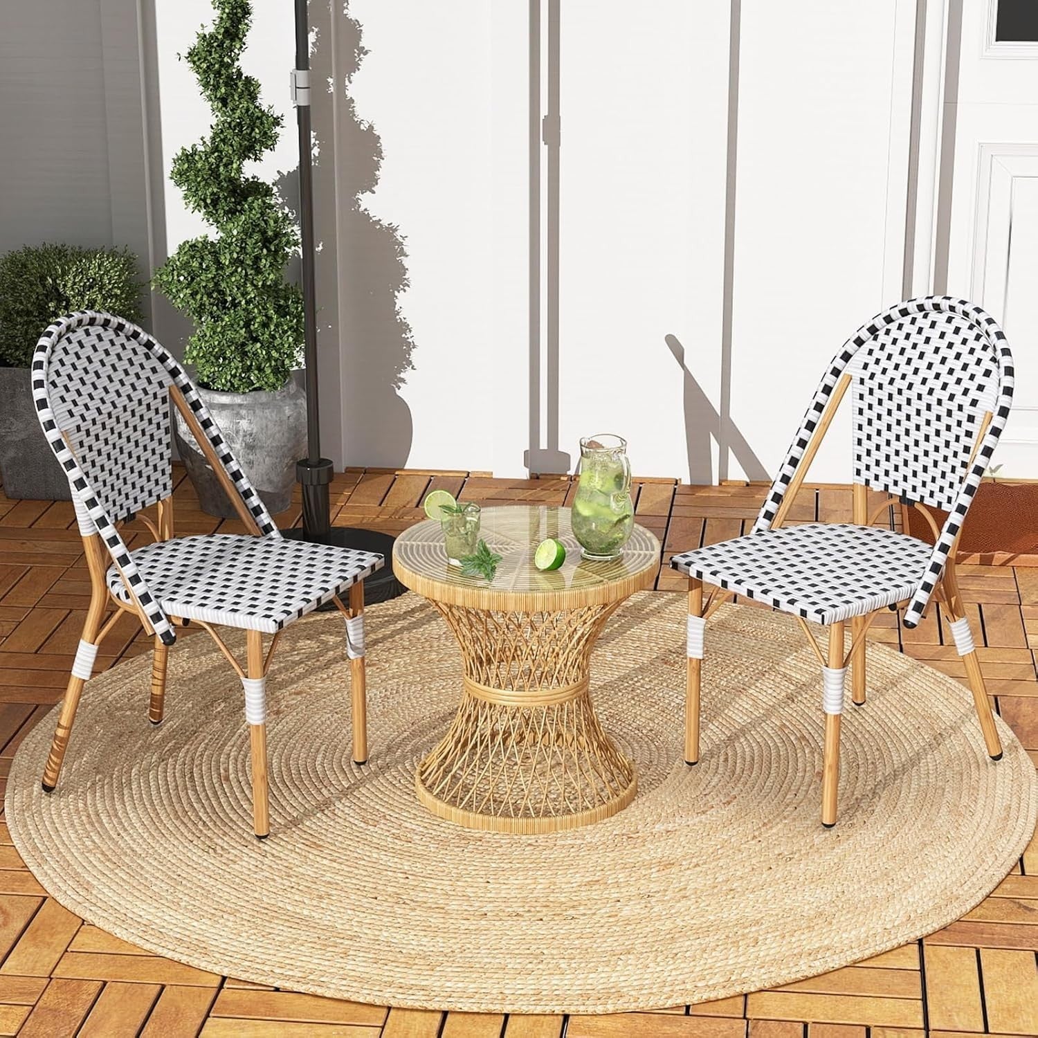 Outdoor Rattan Bistro Chairs Set of 2 Metal Frame Patio Garden Dining Seats