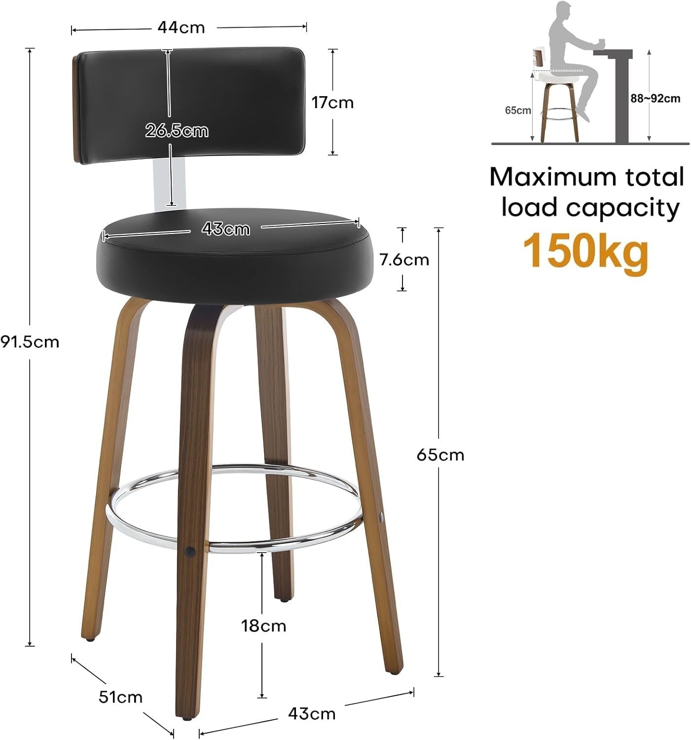 Black Round PU Leather Swivel Bar Stools Set of 2 | Wooden Counter Chairs