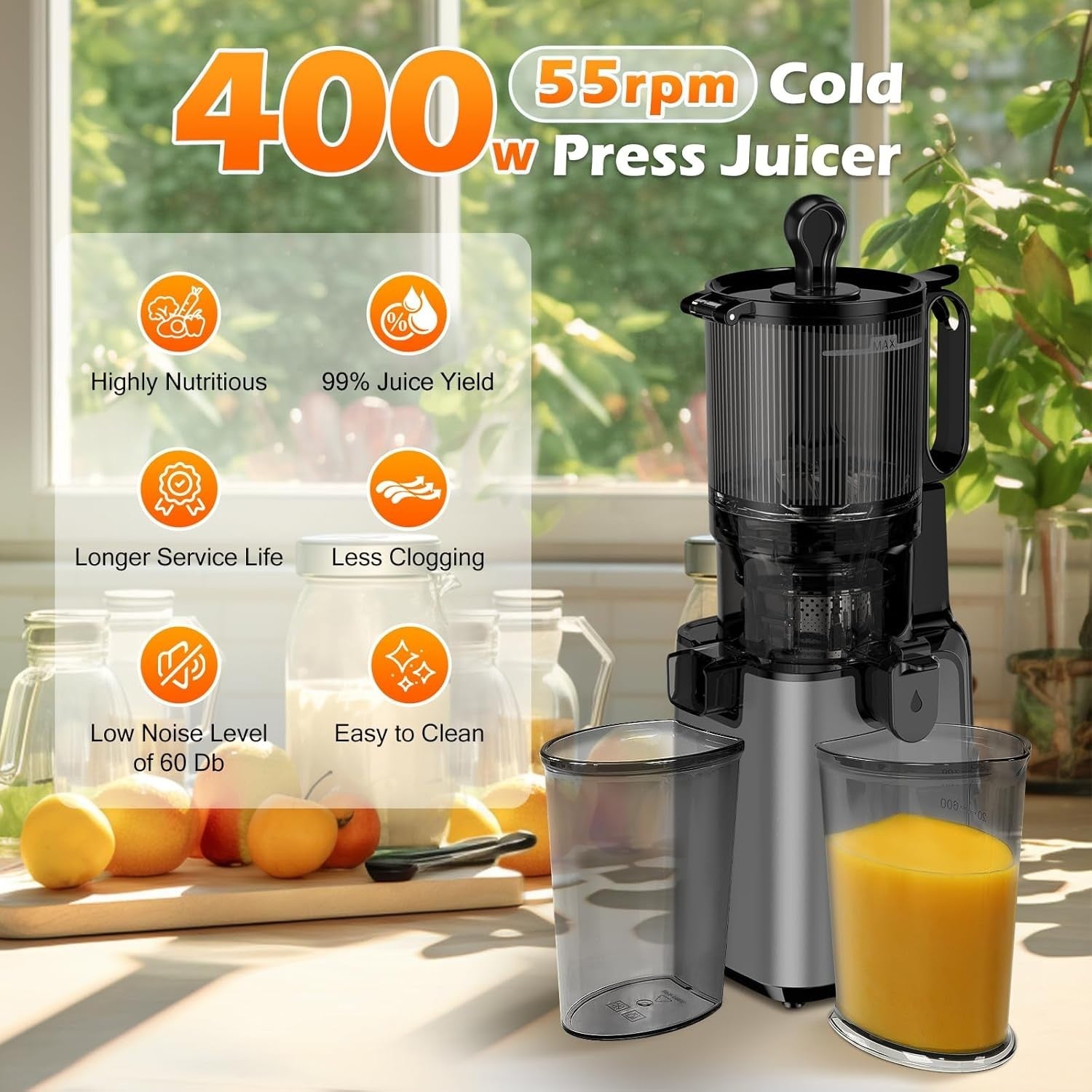 Cold Press Juicer 5.8in Extra Large Feed Chute Whole Fruit 350W