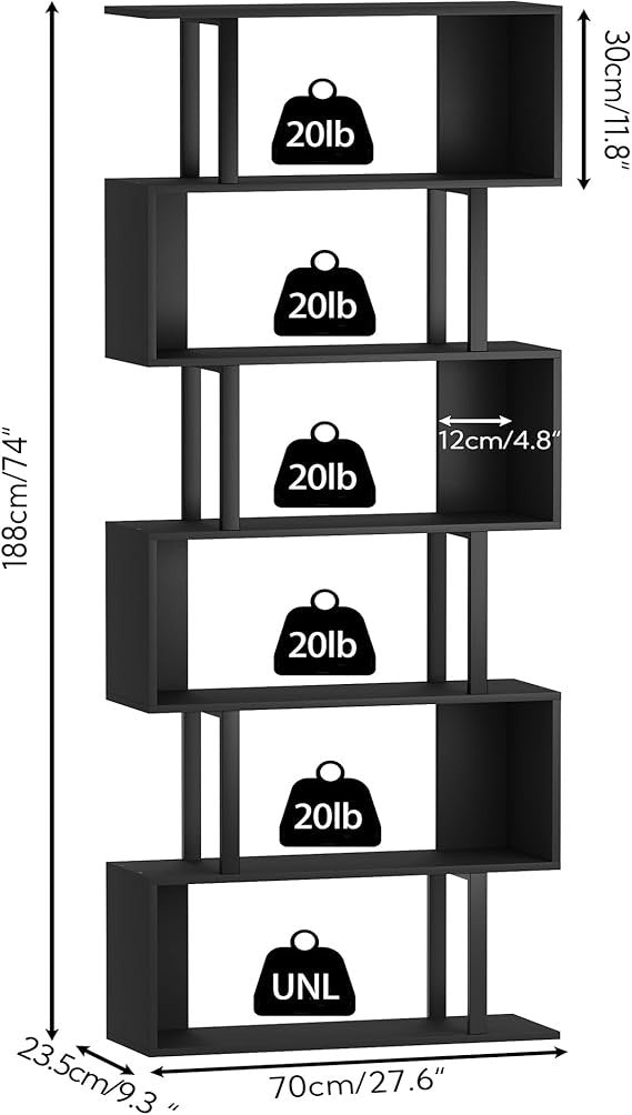 S Shaped 6 Tier Bookshelf Modern Display Storage Unit for Living Room Office