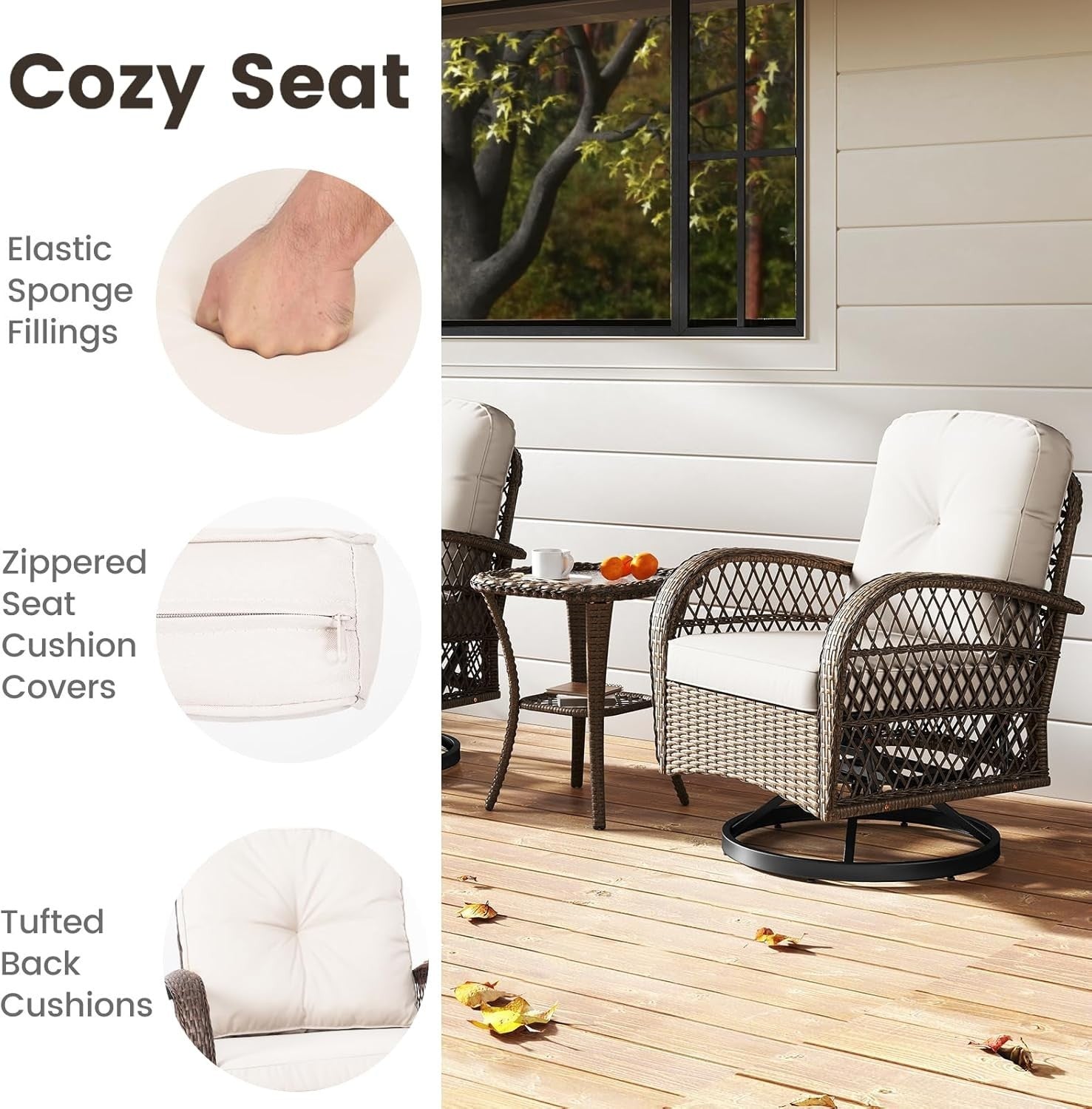 360° Swivel Rattan Bistro Chairs Set Plush Cushions Side Table Garden