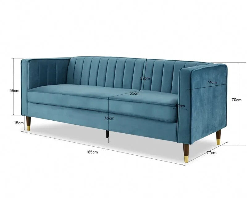 3 Seater Blue Velvet Sofa Ribbed Back UKFR Luxury Lounge Couch Modern