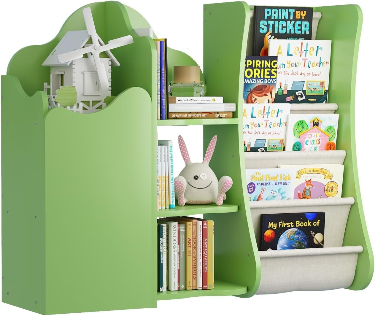 Kids Wooden Bookshelf & Toy Storage Organizer with 5 Sling Pockets & Doors