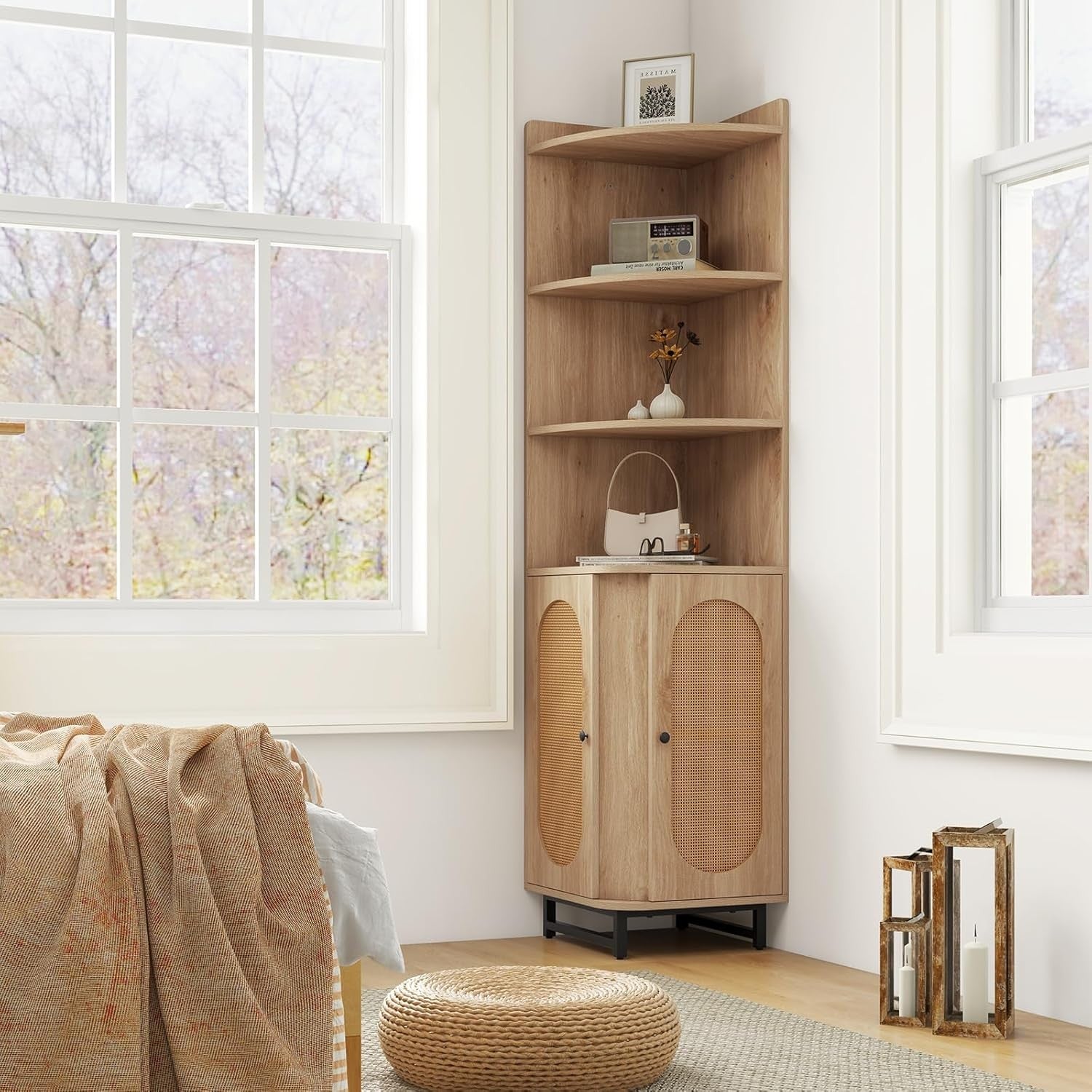 Tall Corner Storage Cabinet with Rattan Doors, 172cm Modern Shelving Unit