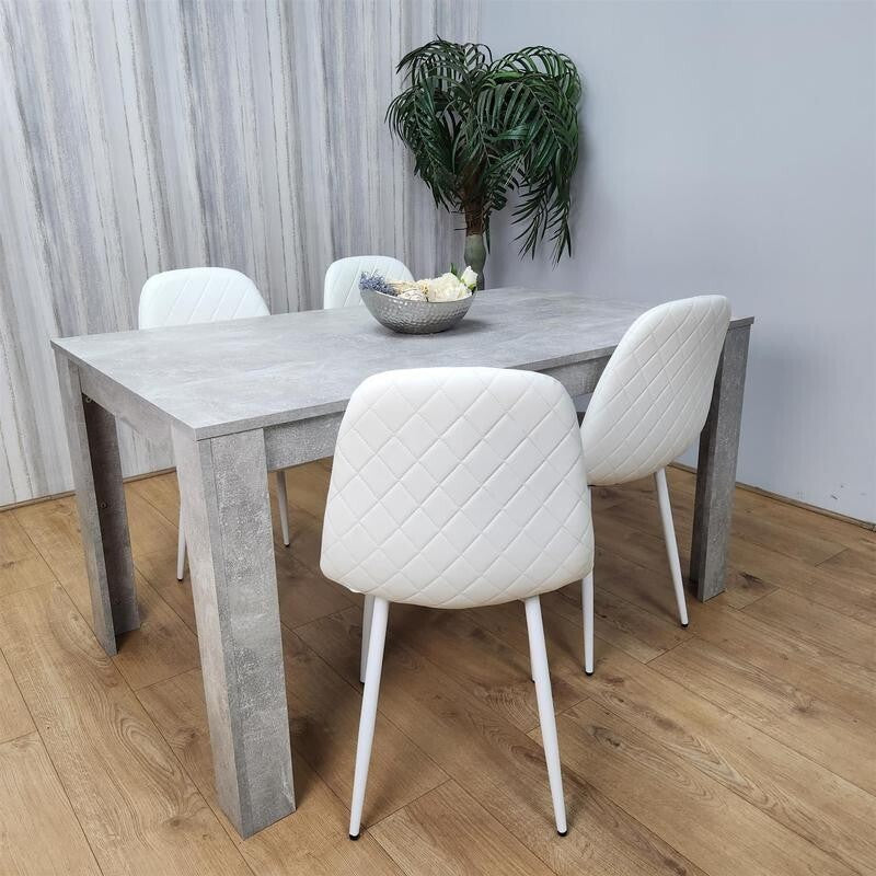 Modern Grey Dining Table Set 4 White Faux Leather Chairs for Kitchen Room