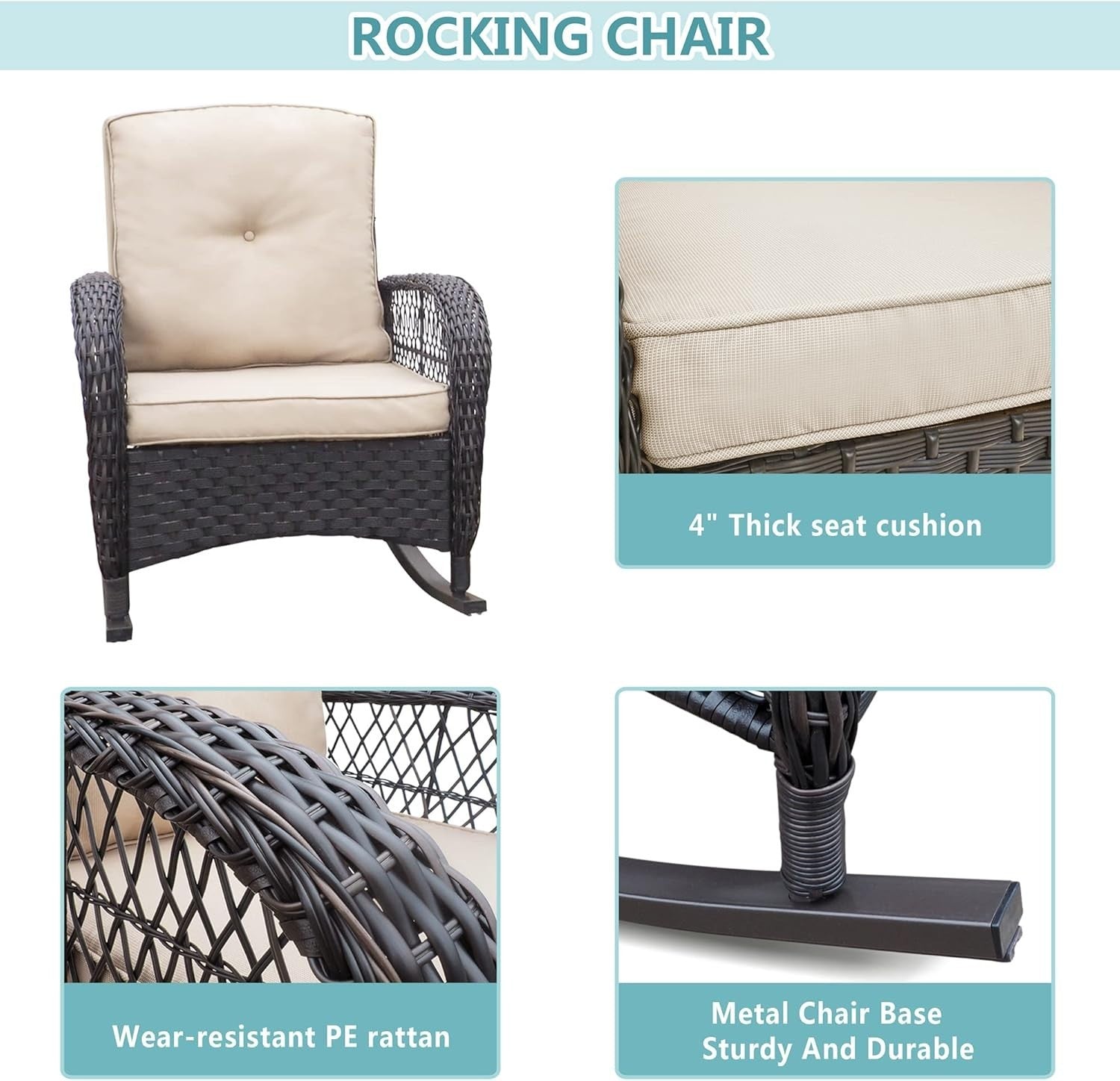 Outdoor Rocking Bistro Set with Cushioned Chairs Glass Table Patio Seating