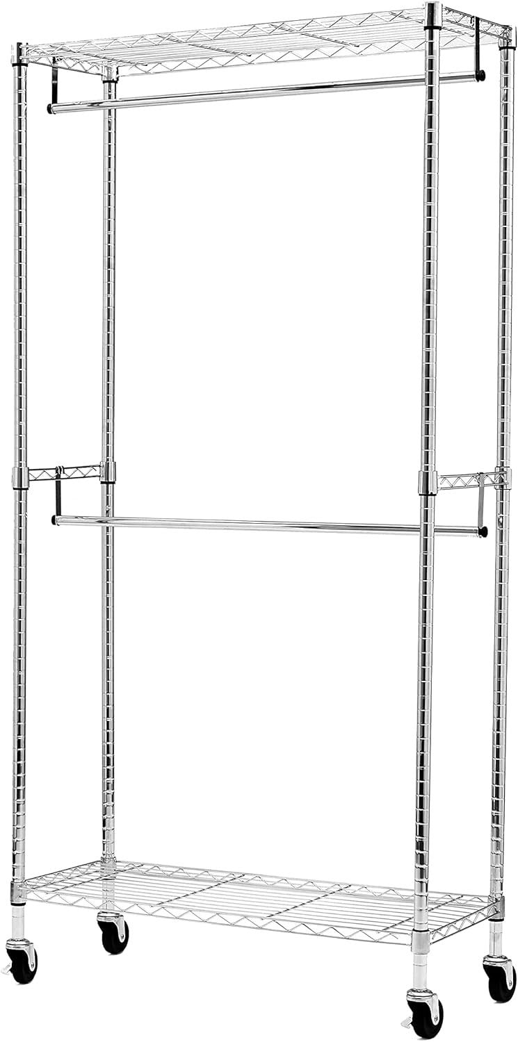 Double Rod Clothes Rail with Shelves – Chrome 183cm