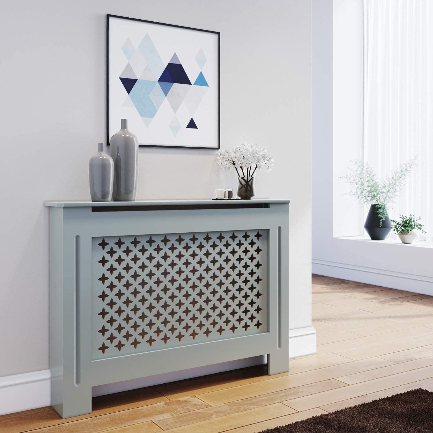 Medium Grey Radiator Cover | Modern Cross Slat MDF Cabinet