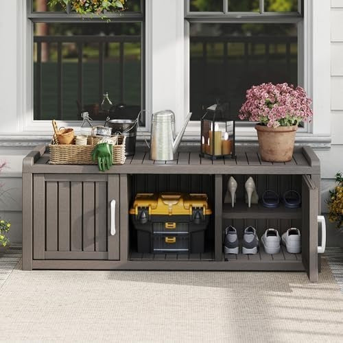 Waterproof Shoe Storage Cabinet Bench 2 Door Resin Unit with Shelves Grey