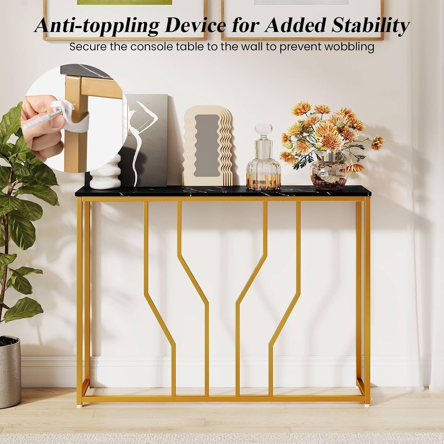 Slim Faux Marble Console Table with Anti-Tip, Metal Frame & Storage – 110cm