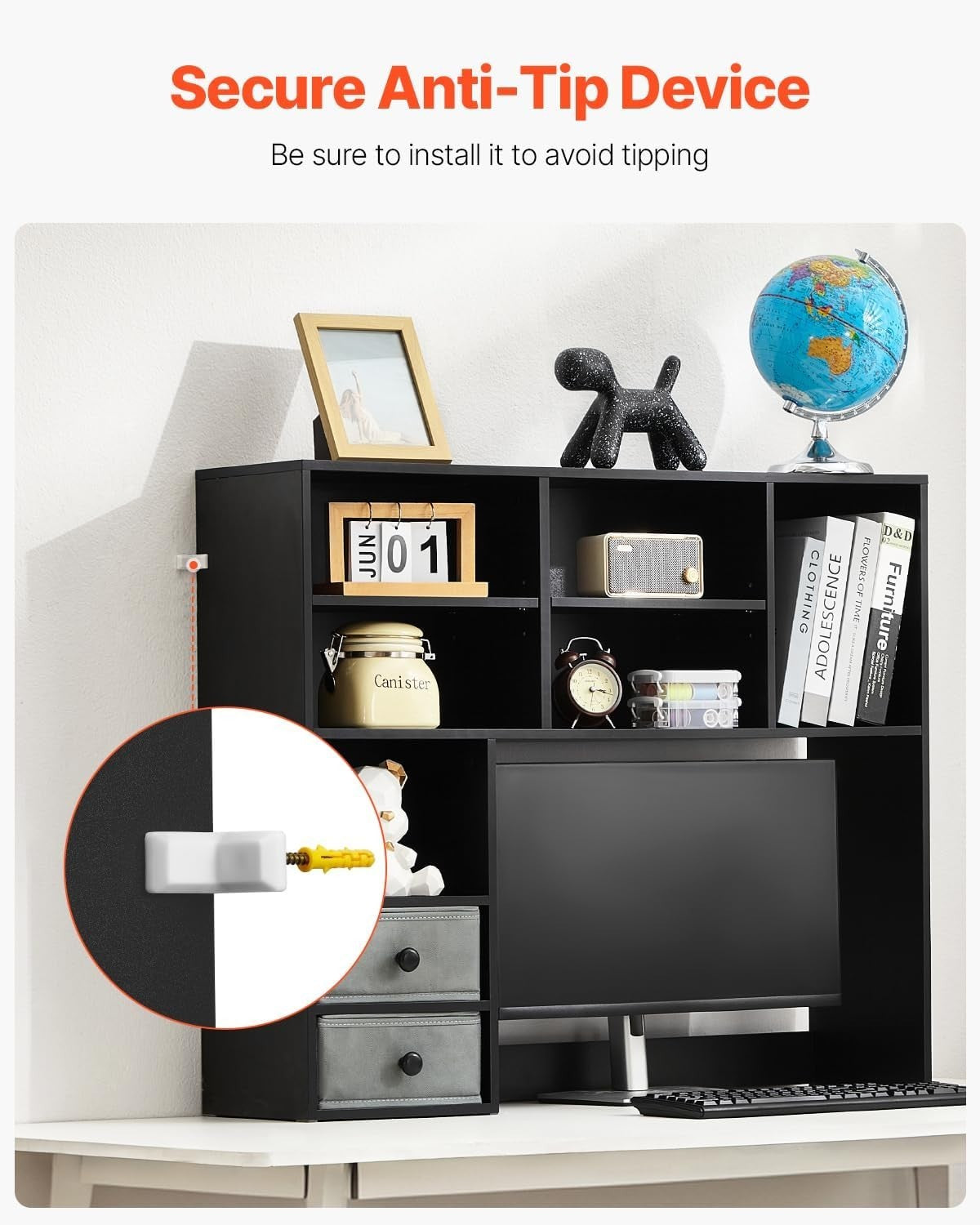 Black 3-Tier Desktop Bookshelf 94cm Desk Hutch Organizer w/ Fabric Drawers