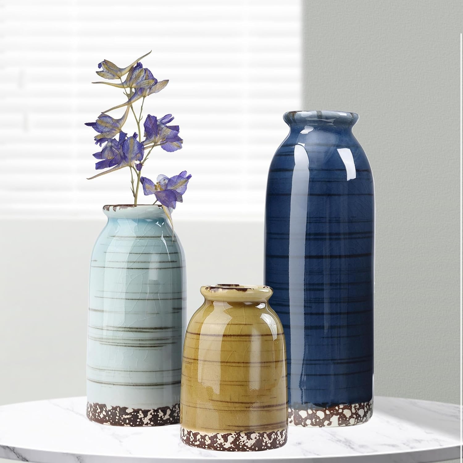 Blue Ceramic Vase Set of 3 Farmhouse Pampas Grass Vases Home Decor
