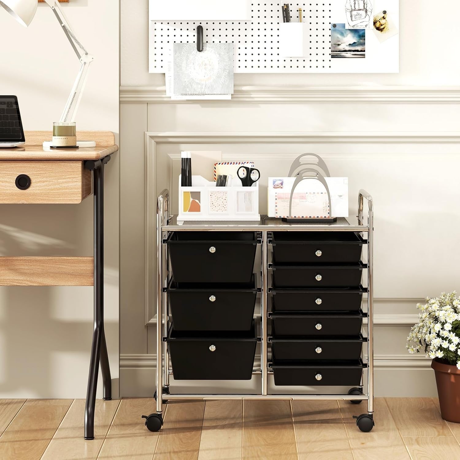 9 Drawer Rolling Storage Trolley Black Utility Cart Organizer Wheels