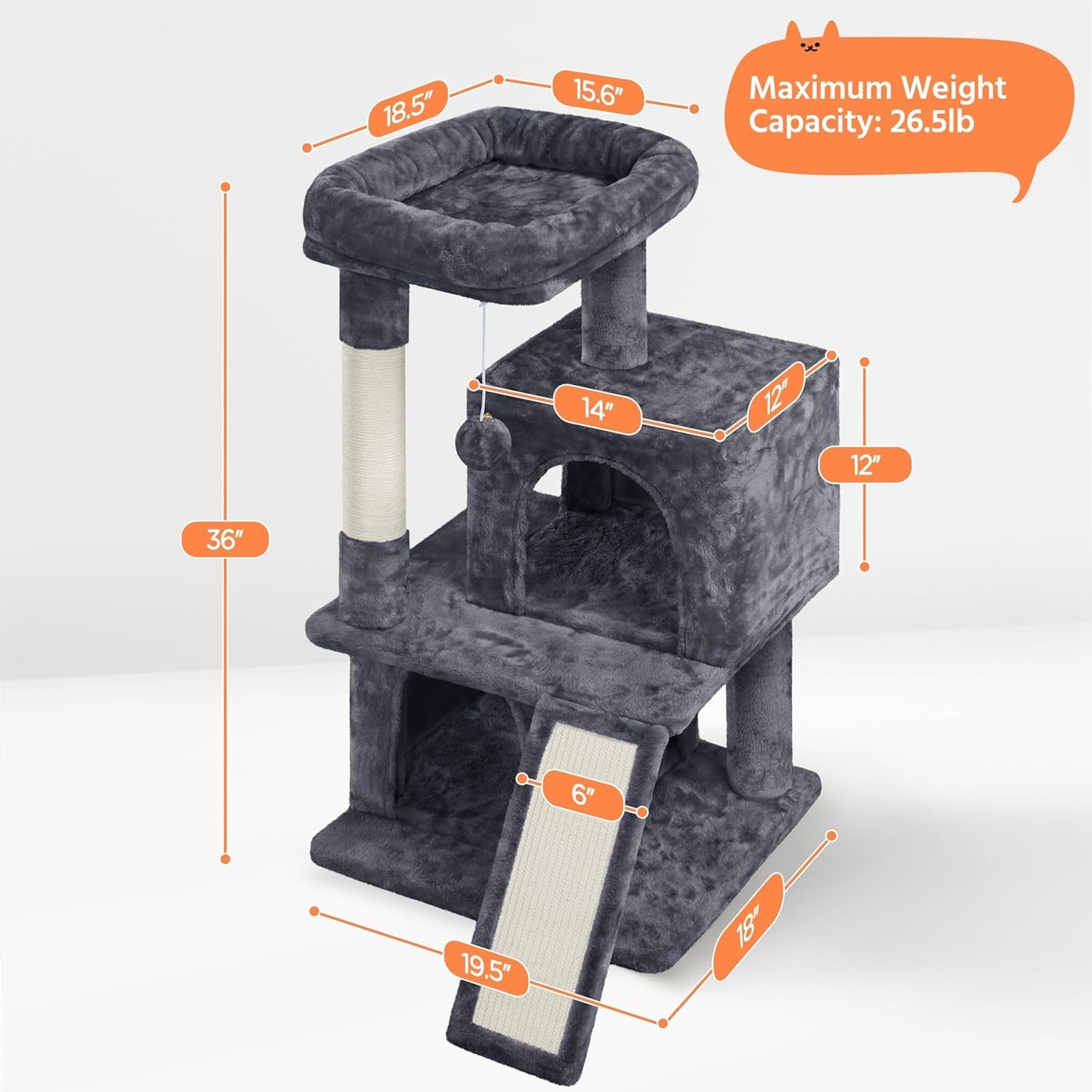 92cm Cat Tree Tower Multi Level Condo Scratching Post Ramp Dark Grey