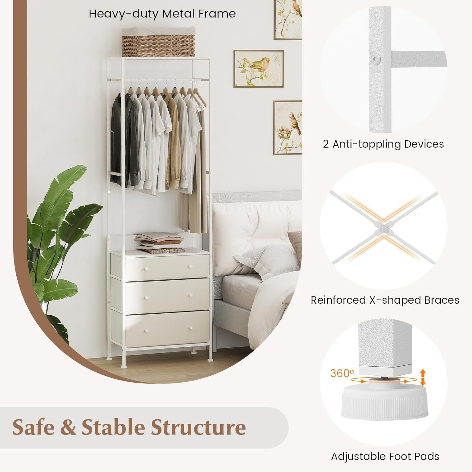 Clothes Rail 3 Drawers Freestanding Wardrobe Rack White