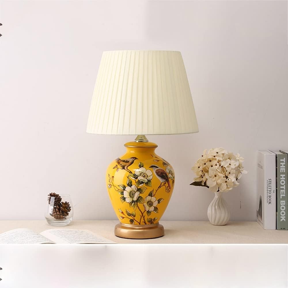 Yellow Ceramic Table Lamp E27 Bedside Light 50cm Elegant Floral Design