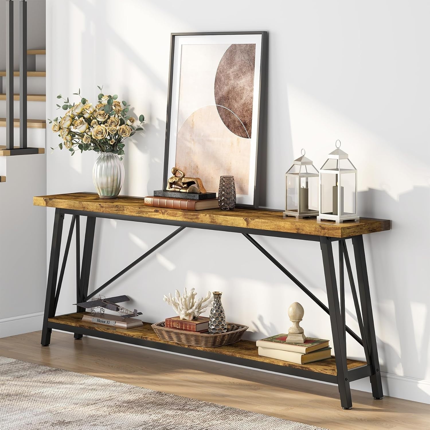 Extra Long Industrial Console Table – Sofa Back Entryway Shelf Storage