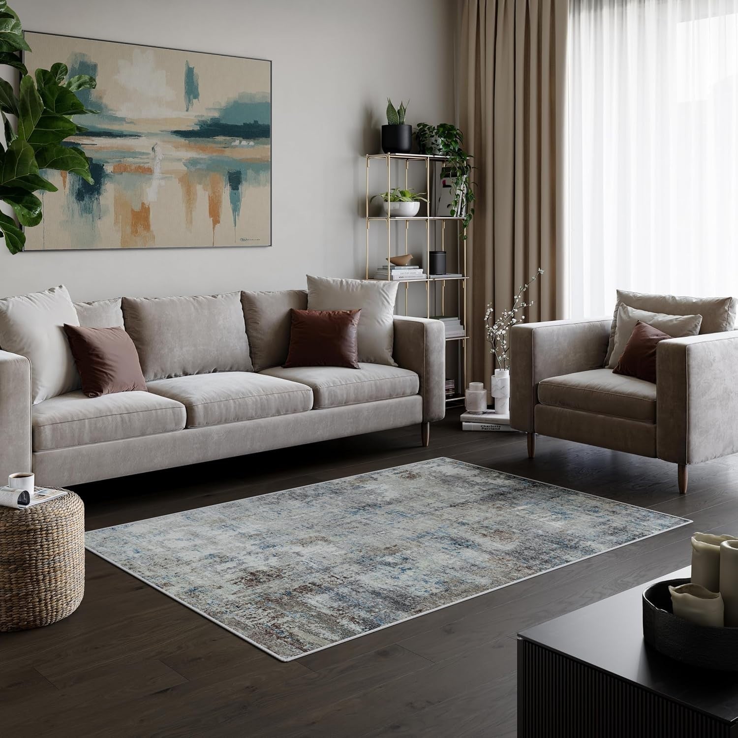 Washable Rug 152x213cm Non-Slip Soft Vintage Blue Brown Carpet Living Room
