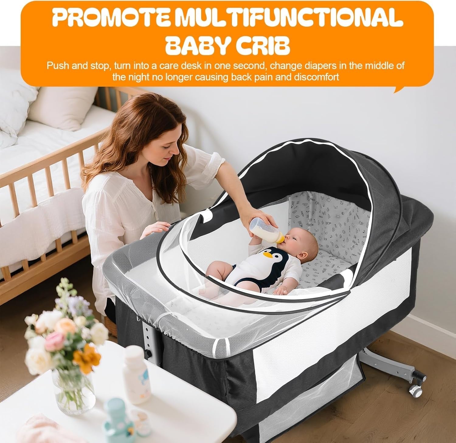 Rocking Bedside Crib Mosquito Net Wheels Adjustable Height w/ Changing Table