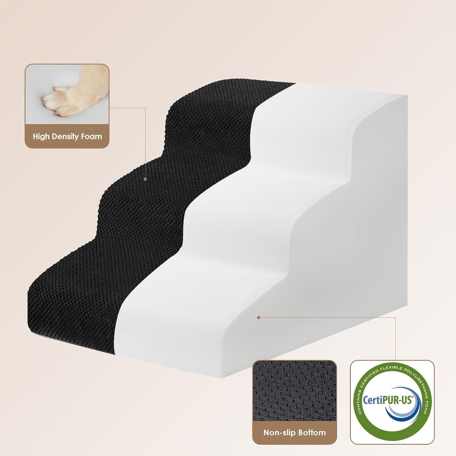 3 Step Dog Stairs for Bed Sofa Non Slip Foam Pet Steps Washable Black