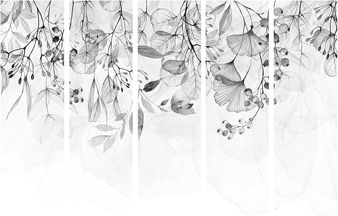 Grey Leaf 5 Panel Room Divider 225x172cm Single Sided Folding Screen