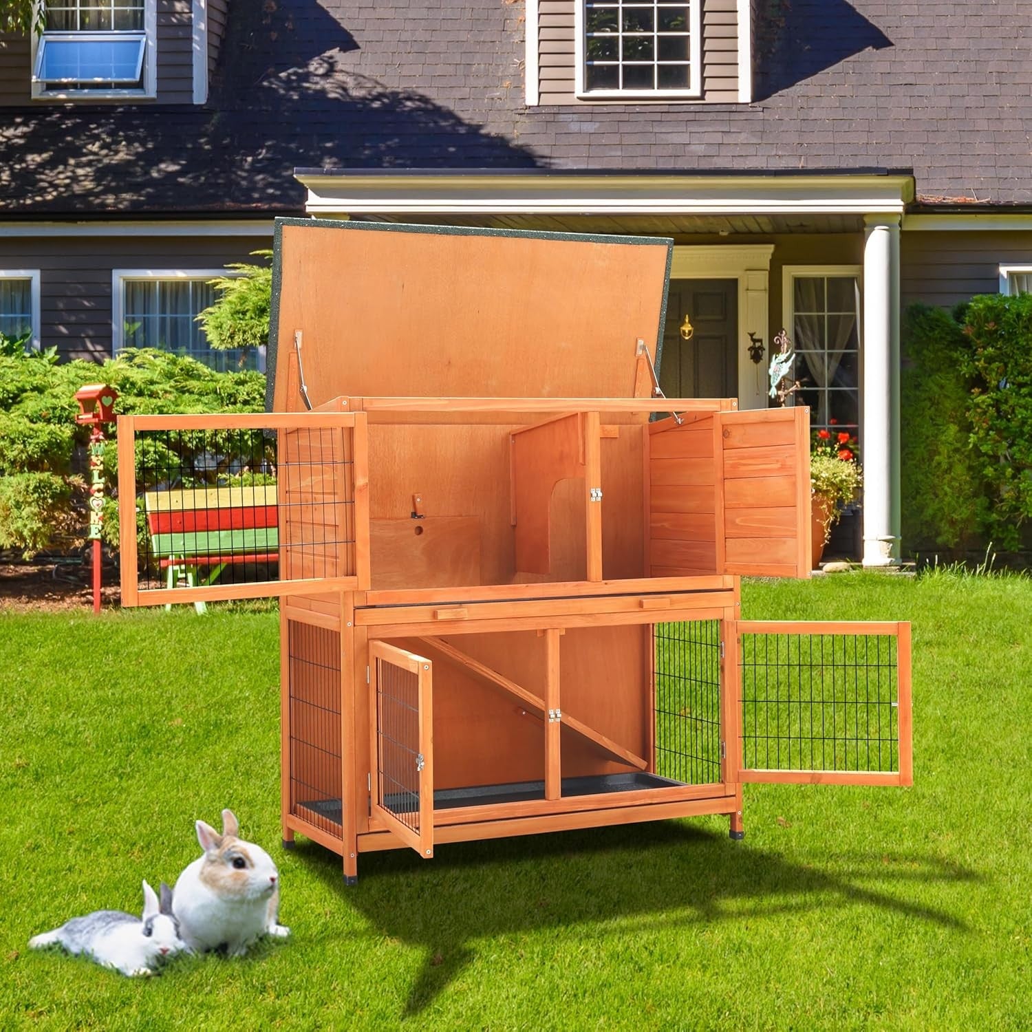 2 Tier Rabbit Hutch with Run Outdoor Wooden Cage Guinea Pig House