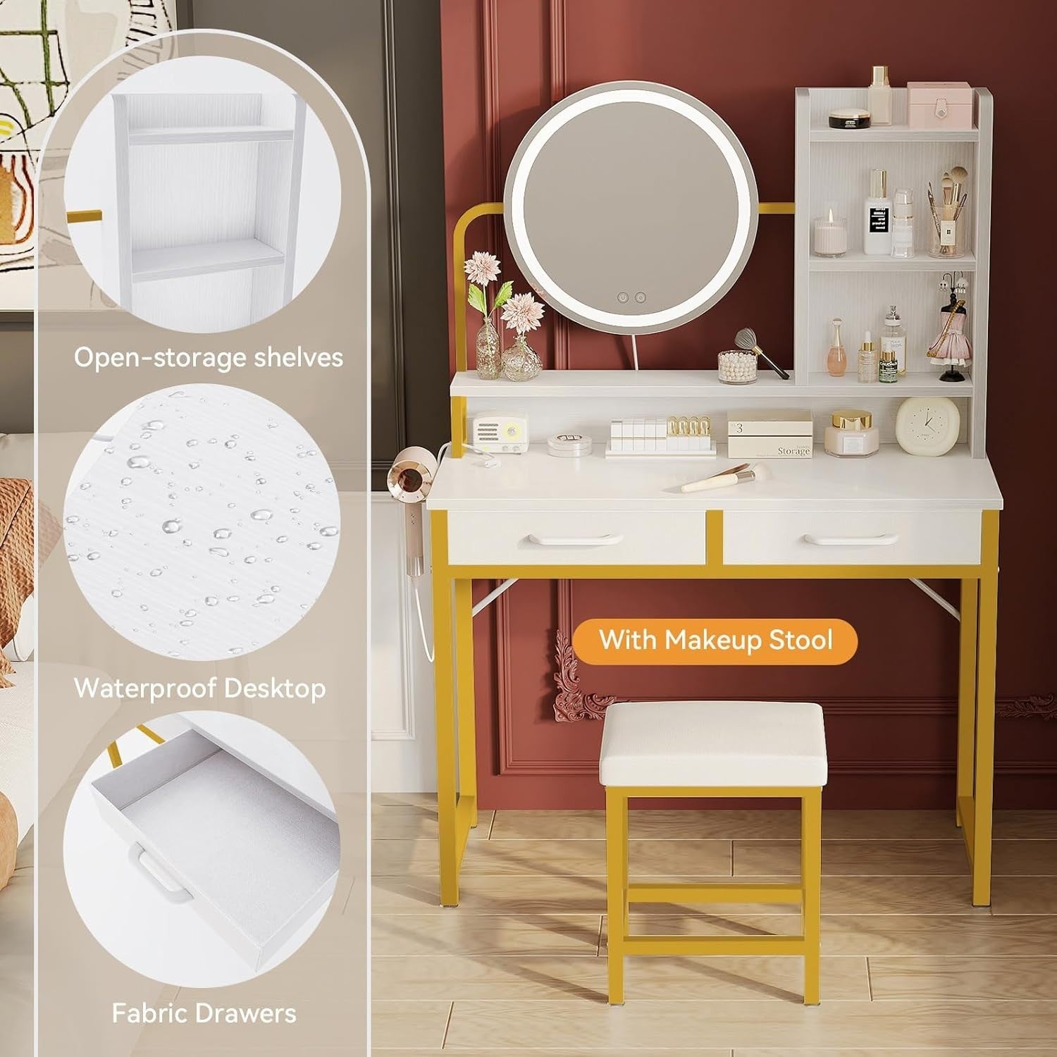 Makeup Vanity Desk Dressing Table with Adjustable LED Light Mirror & Storage Whi